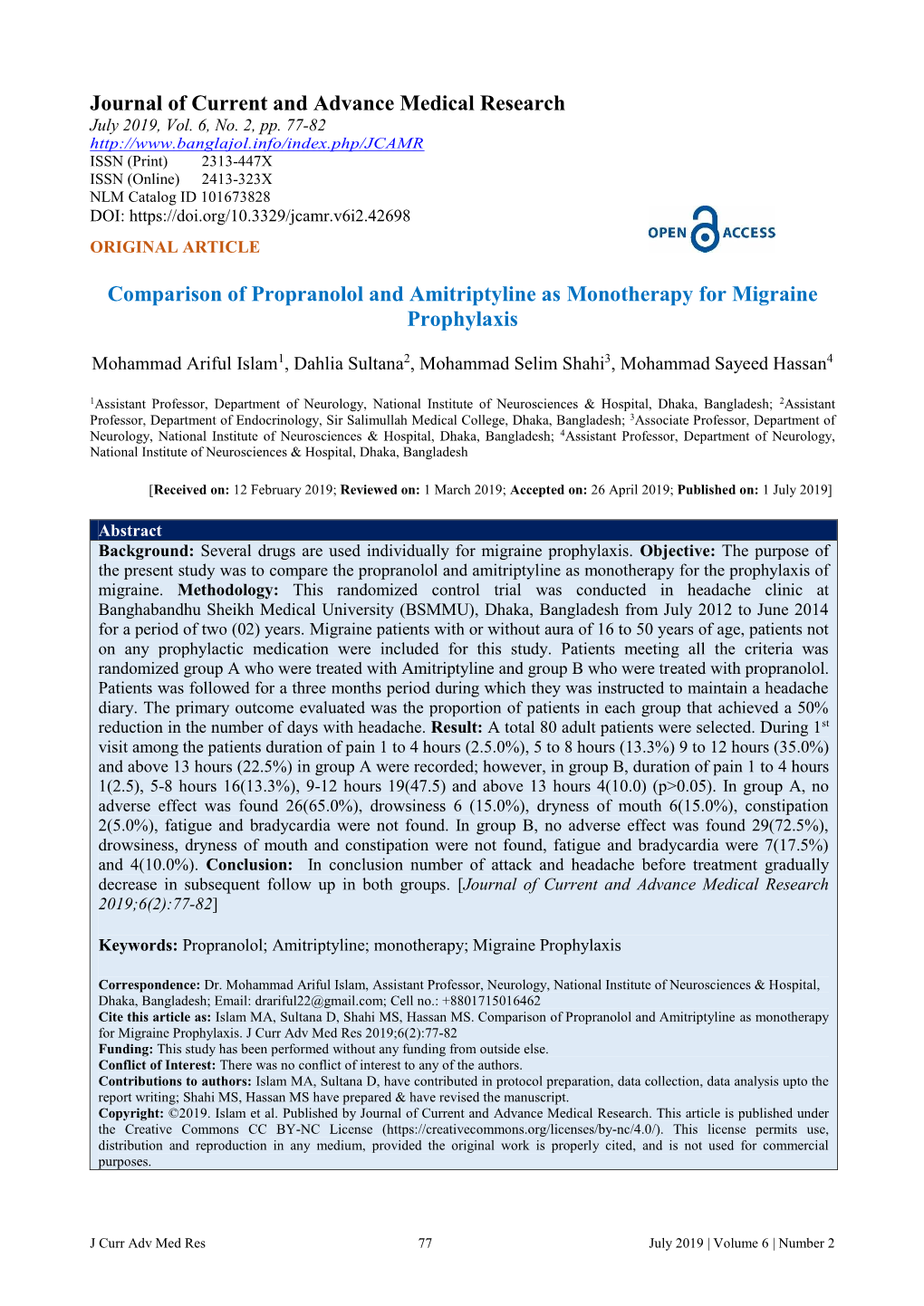 Journal of Current and Advance Medical Research Comparison of Propranolol and Amitriptyline As Monotherapy for Migraine Prophyla