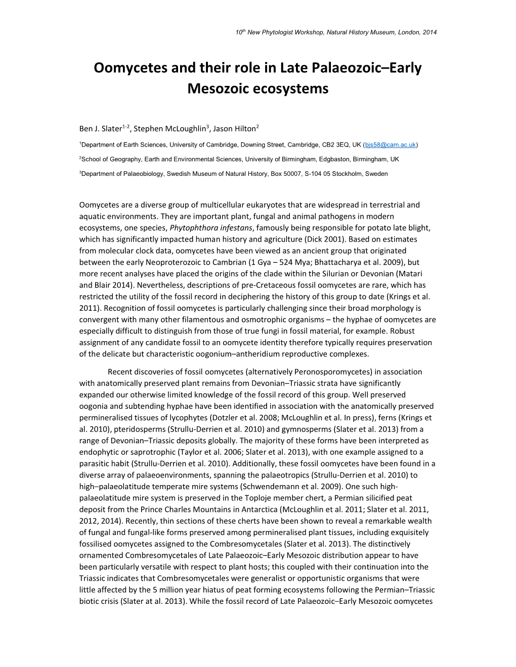 Oomycetes and Their Role in Late Palaeozoic–Early Mesozoic Ecosystems