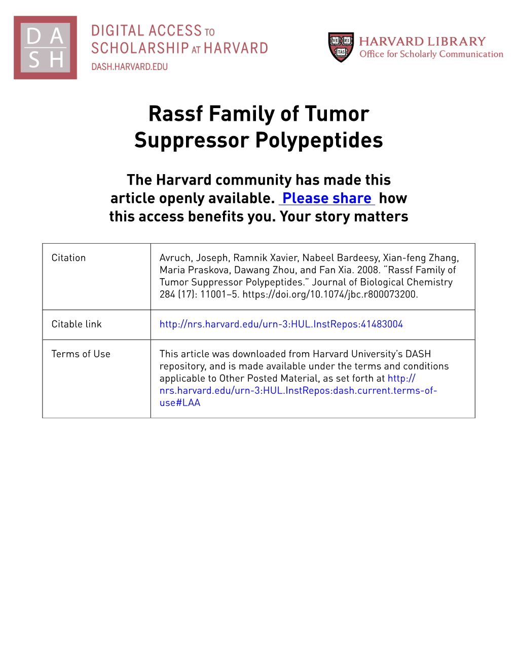 Rassf Family of Tumor Suppressor Polypeptides