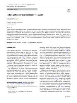 Sulfate Deficiency As a Risk Factor for Autism
