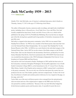 Jack Mccarthy 1939 – 2013 Posted on January 22, 2013