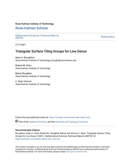 Triangular Surface Tiling Groups for Low Genus