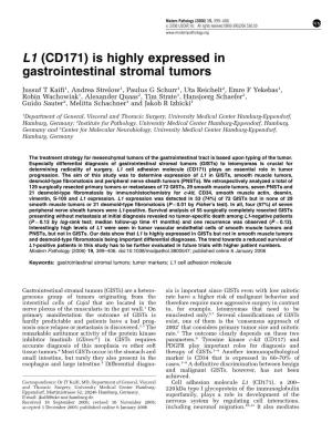 L1 (CD171) Is Highly Expressed in Gastrointestinal Stromal Tumors
