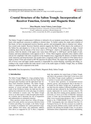 Crustal Structure of the Salton Trough: Incorporation of Receiver Function, Gravity and Magnetic Data
