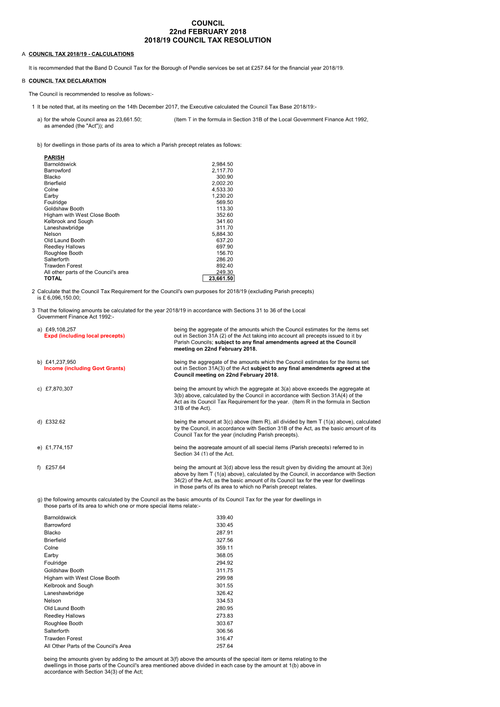 Appendix 2 Council Tax Resolution 2018/19