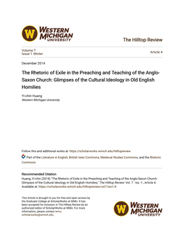 The Rhetoric of Exile in the Preaching and Teaching of the Anglo- Saxon Church: Glimpses of the Cultural Ideology in Old English Homilies