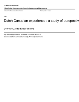 Dutch Canadian Experience : a Study of Perspectives