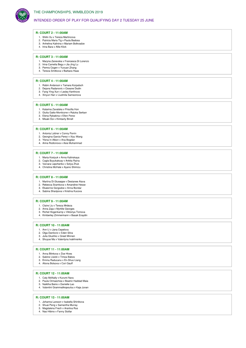 The Championships, Wimbledon 2019 Intended Order Of