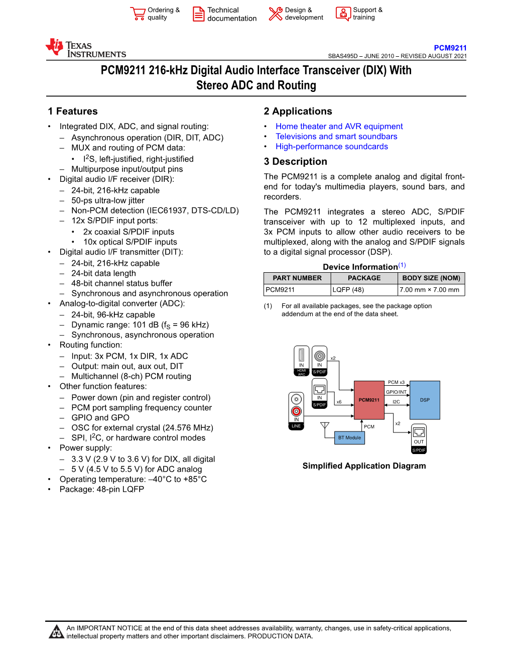 PCM9211 216-Khz Digital Audio Interface Transceiver (DIX) with Stereo ADC and Routing Datasheet (Rev. D)