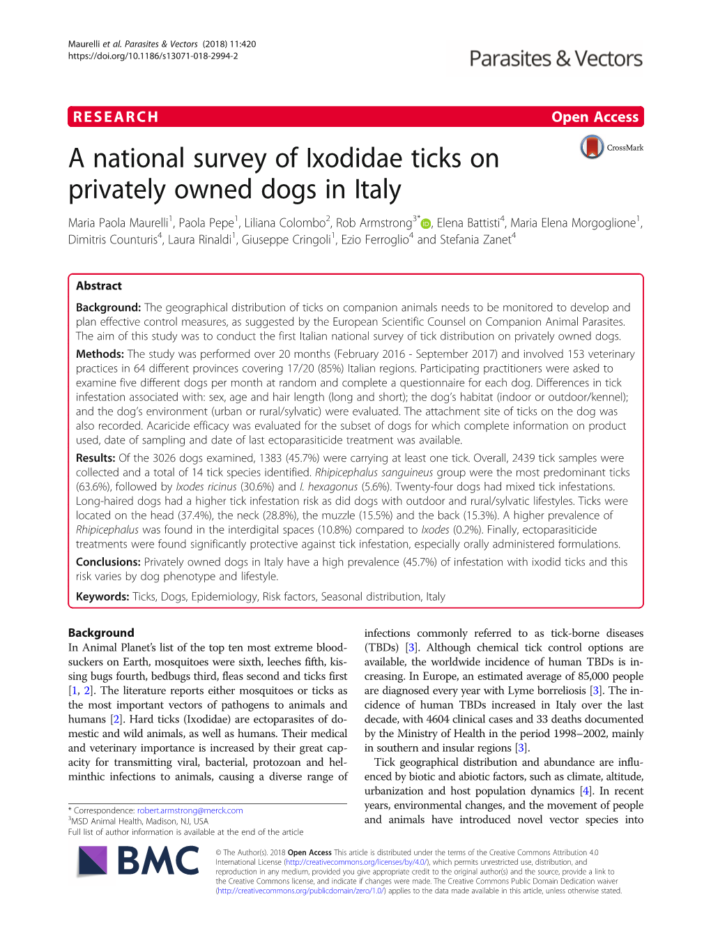 A National Survey of Ixodidae Ticks on Privately Owned Dogs in Italy