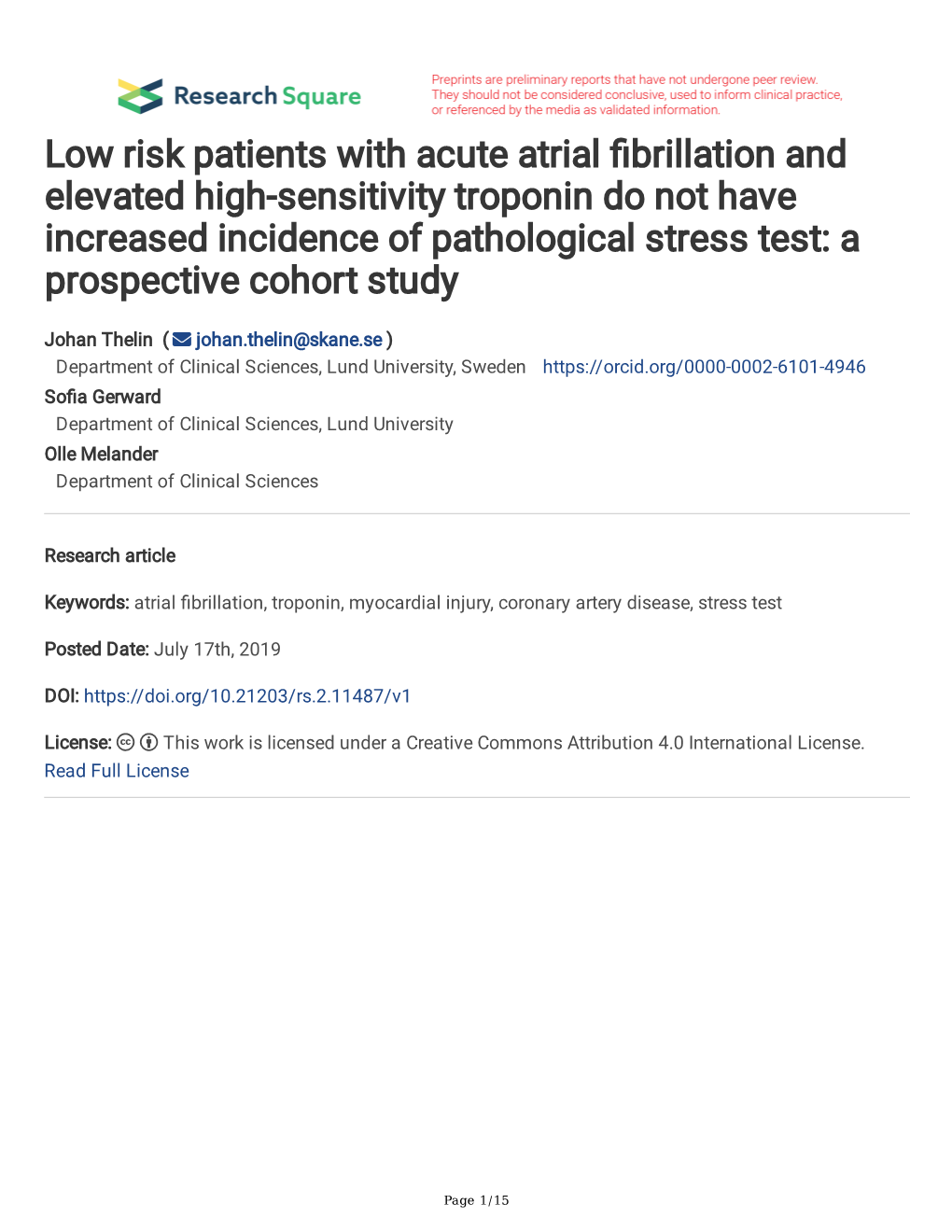 Low Risk Patients with Acute Atrial Fibrillation and Elevated High