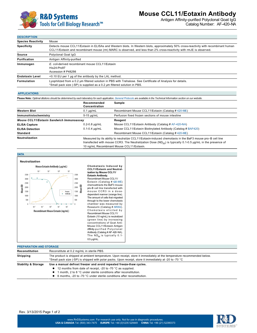 Mouse CCL11/Eotaxin Antibody Antigen Affinity-Purified Polyclonal Goat Igg Catalog Number: AF-420-NA