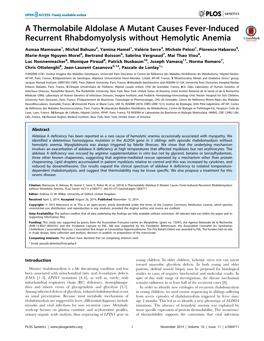 A Thermolabile Aldolase a Mutant Causes Fever-Induced Recurrent Rhabdomyolysis Without Hemolytic Anemia