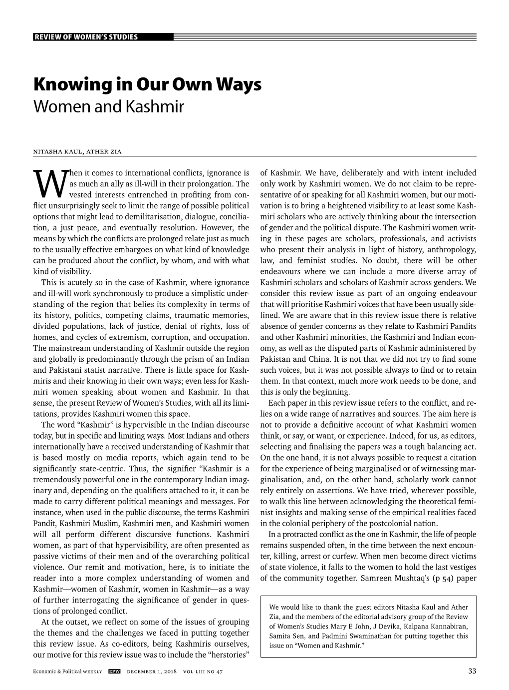 Knowing in Our Own Ways Women and Kashmir