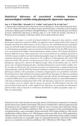 Statistical Inference of Correlated Evolution Between Macroecological Variables Using Phylogenetic Eigenvector Regression