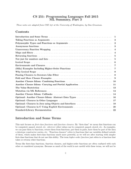 CS 251: Programming Languages Fall 2015 ML Summary, Part 3 Contents Introduction and Some Terms