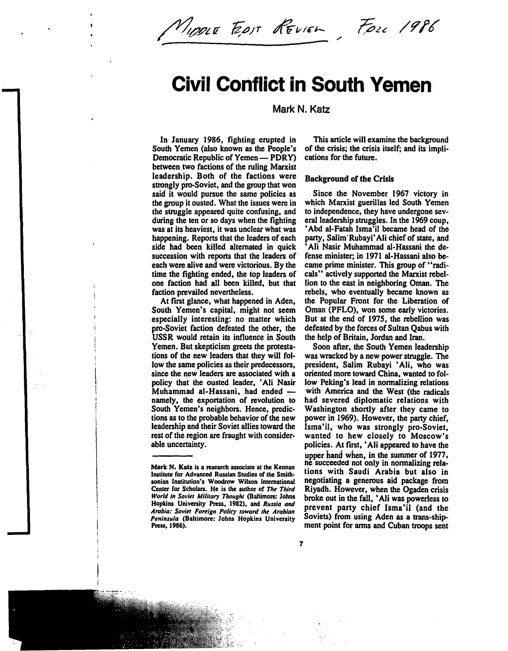 Civil Conflict in South Vemen Mark N