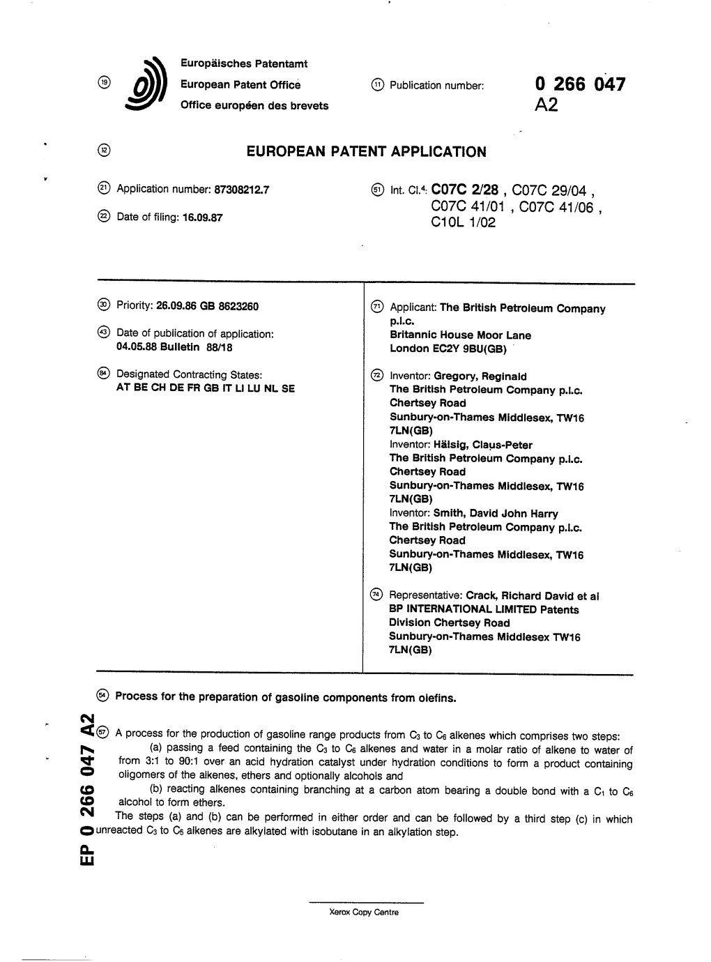 Process for the Preparation of Gasoline Components from Olefins