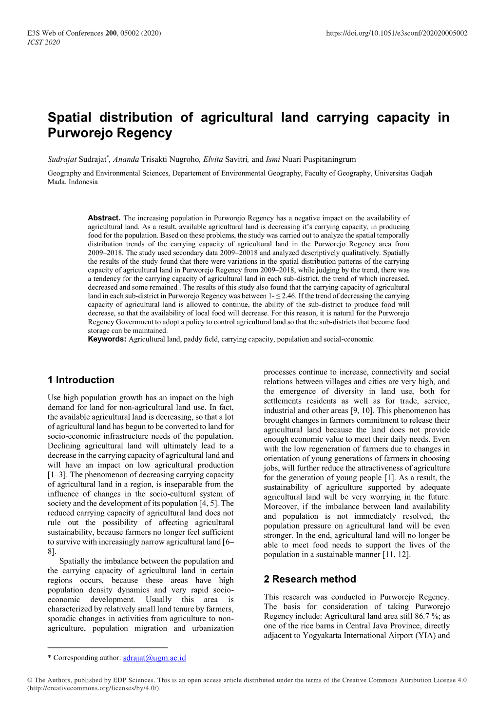 Spatial Distribution of Agricultural Land Carrying Capacity in Purworejo Regency