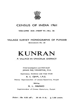 Village Survey Monographs of Punjab, Kunran, Part VI-No-36, Vol-XIII, Punjab