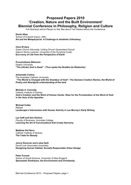 Proposed Papers 2010 'Creation, Nature and the Built Environment' Biennial Conference in Philosophy, Religion and Culture