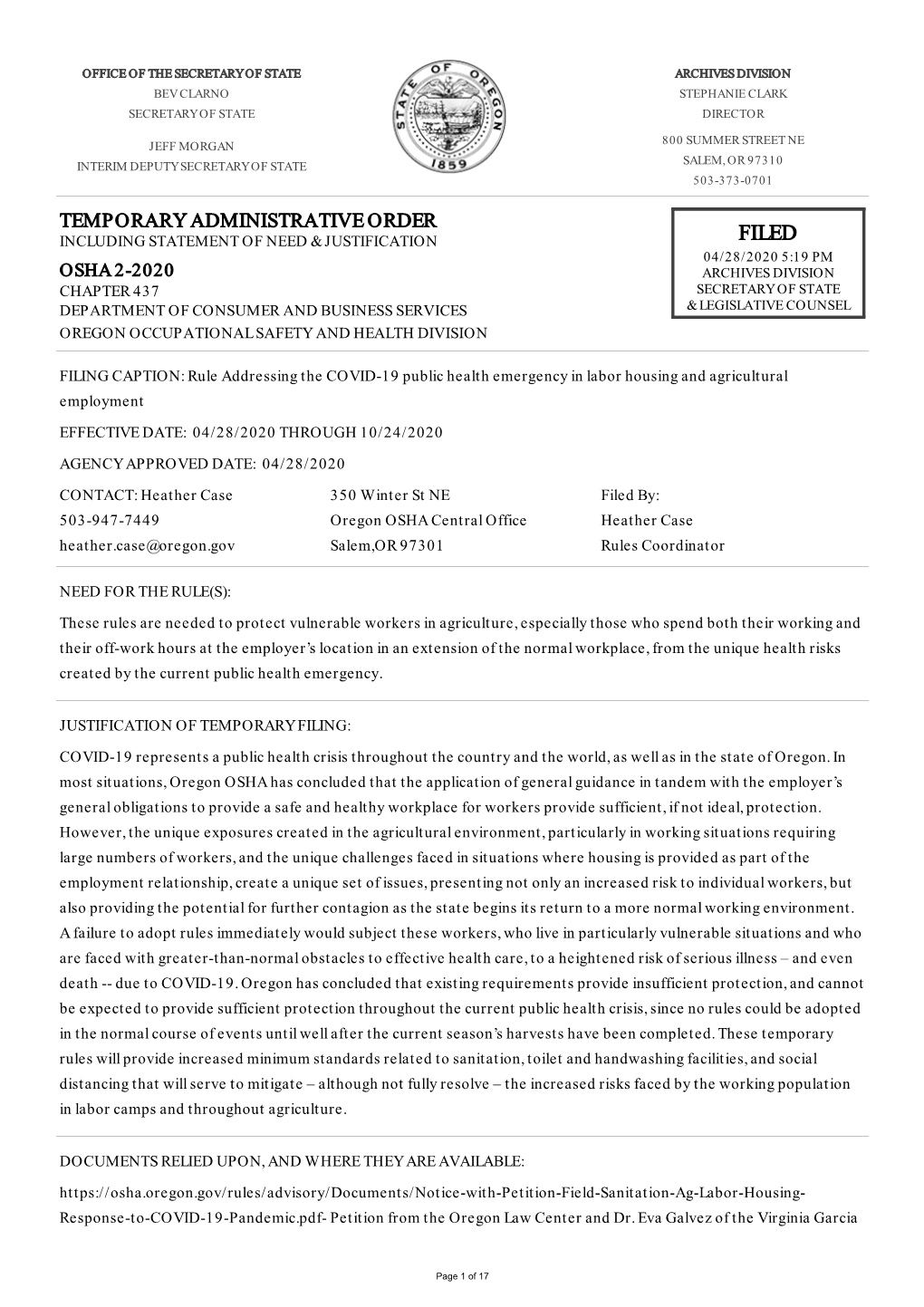 Temporary Rule Addressing the COVID-19 Emergency in Employer-Provided Housing, Labor-Intensive Agricultural Operations, and Agricultural Transportation