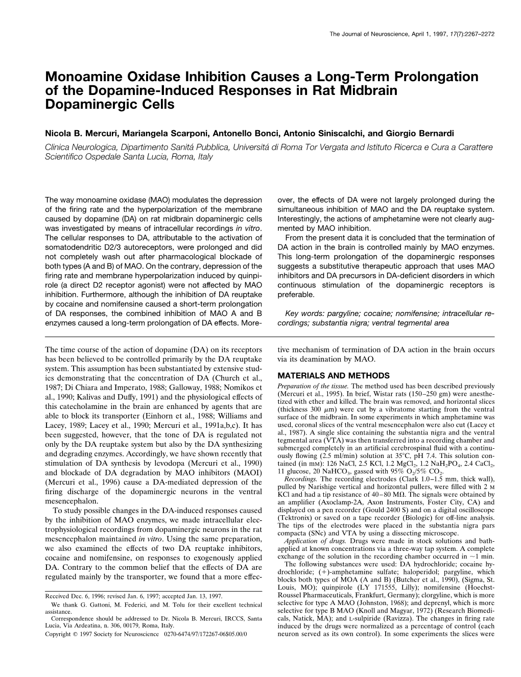 Monoamine Oxidase Inhibition Causes a Long-Term Prolongation of the Dopamine-Induced Responses in Rat Midbrain Dopaminergic Cells