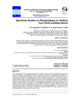 Specificity Studies on Phospholipase A2 Inhibitor from Echis Ocellatus Serum