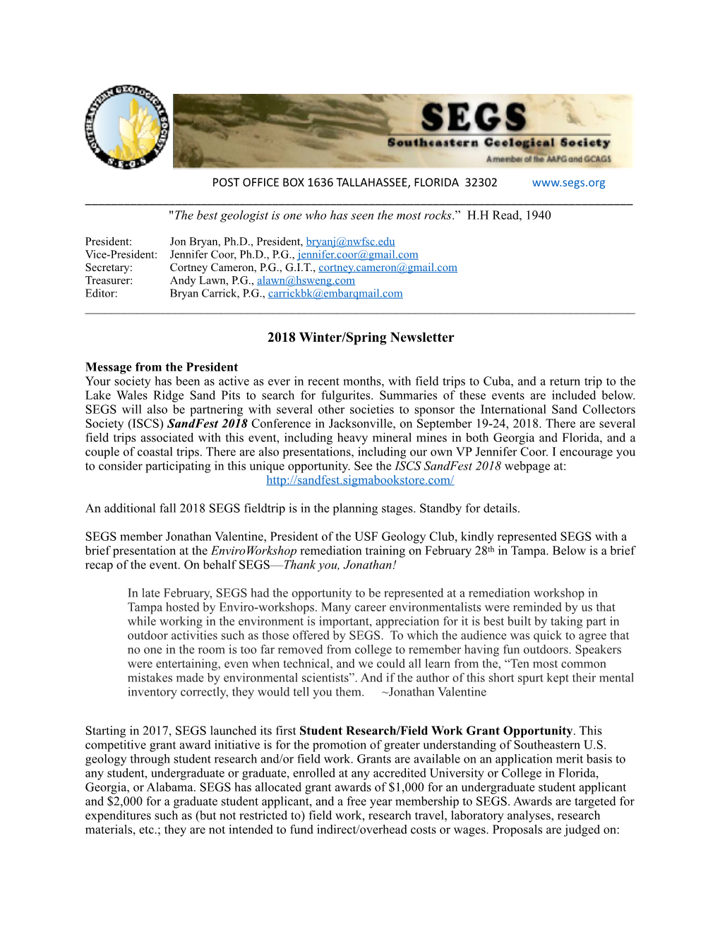 SEGS Newsletter-Winter-Spring 2018