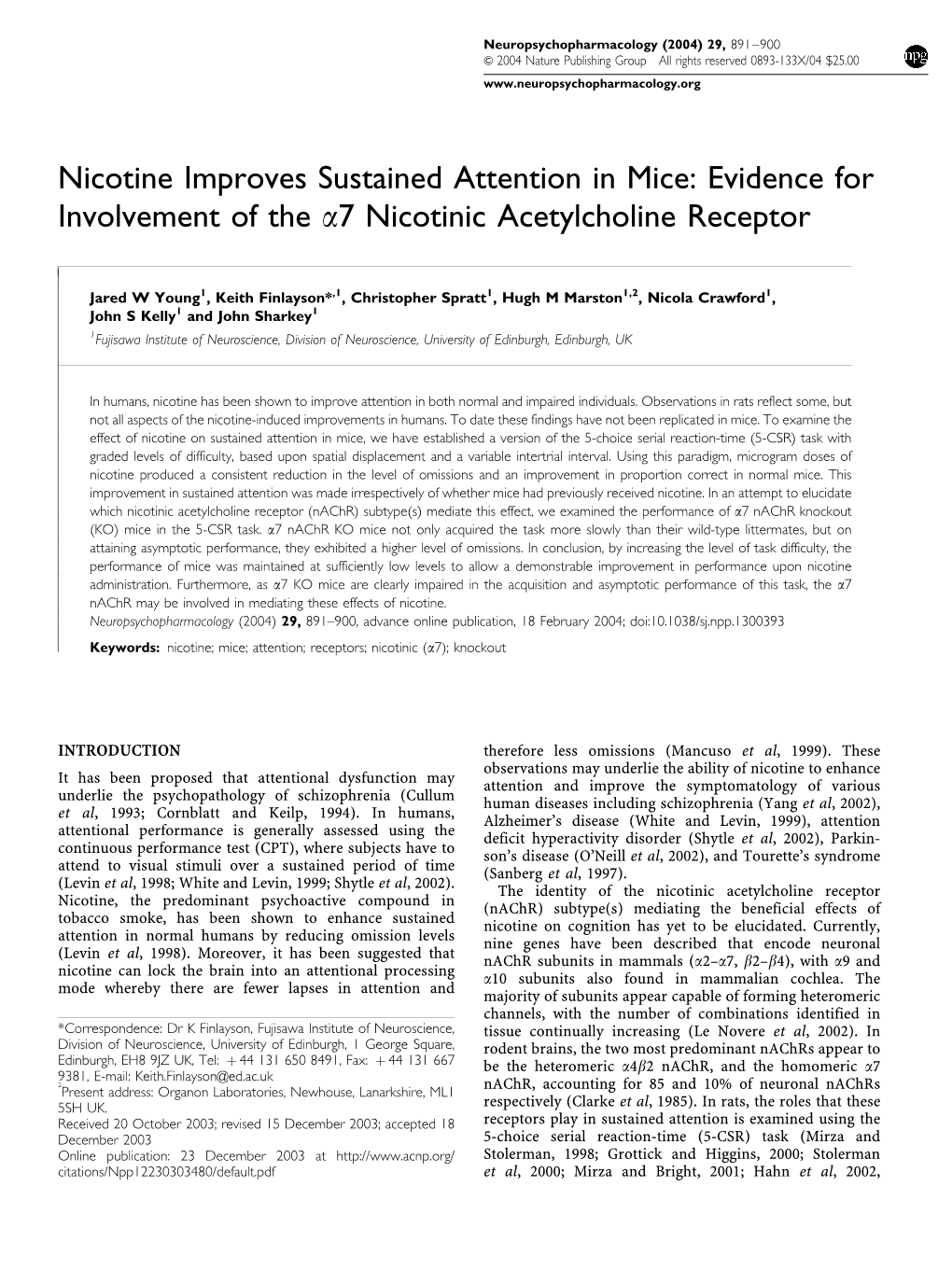 Nicotine Improves Sustained Attention in Mice: Evidence for Involvement of the A7 Nicotinic Acetylcholine Receptor