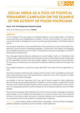 Social Media As a Tool of Political Permanent Campaign on the Example of the Activity of Polish Politicians
