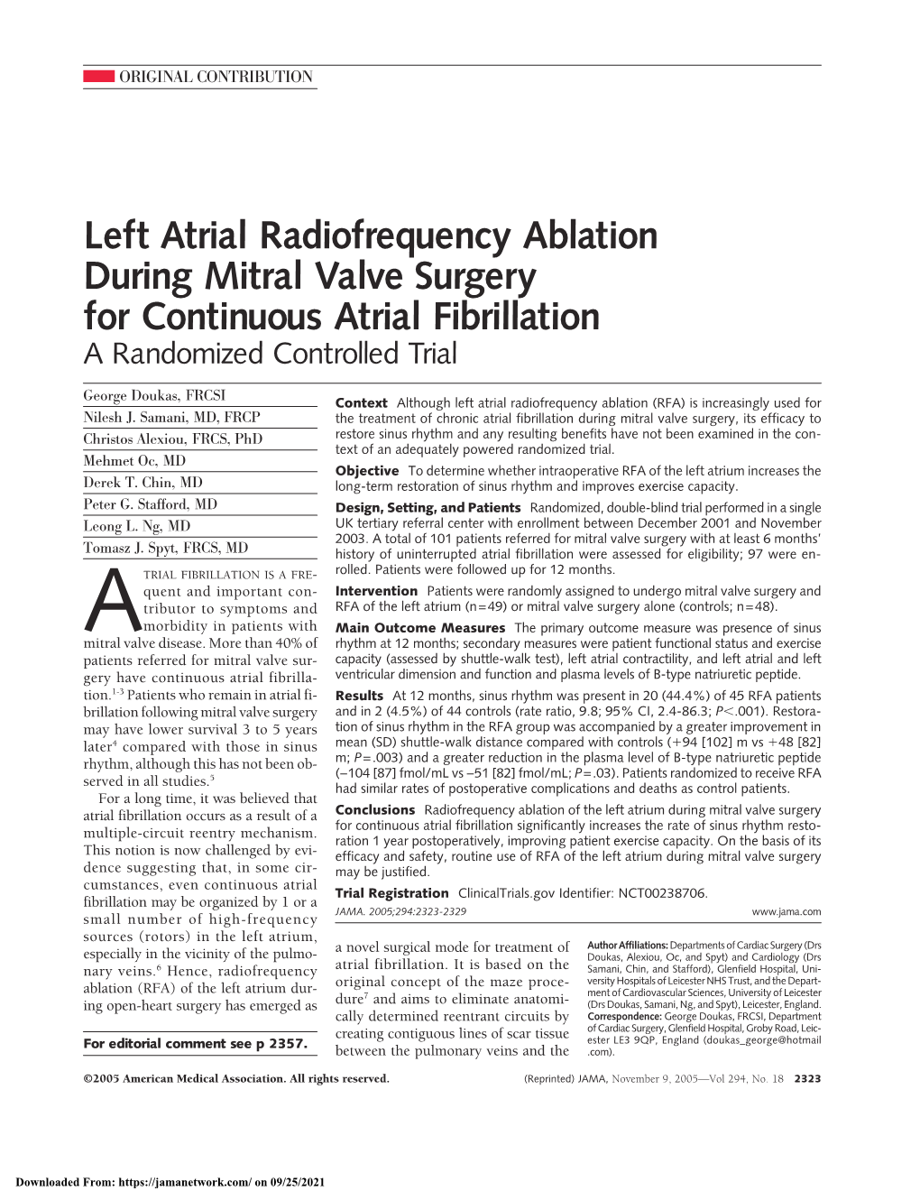 Left Atrial Radiofrequency Ablation During Mitral Valve Surgery for Continuous Atrial Fibrillation a Randomized Controlled Trial