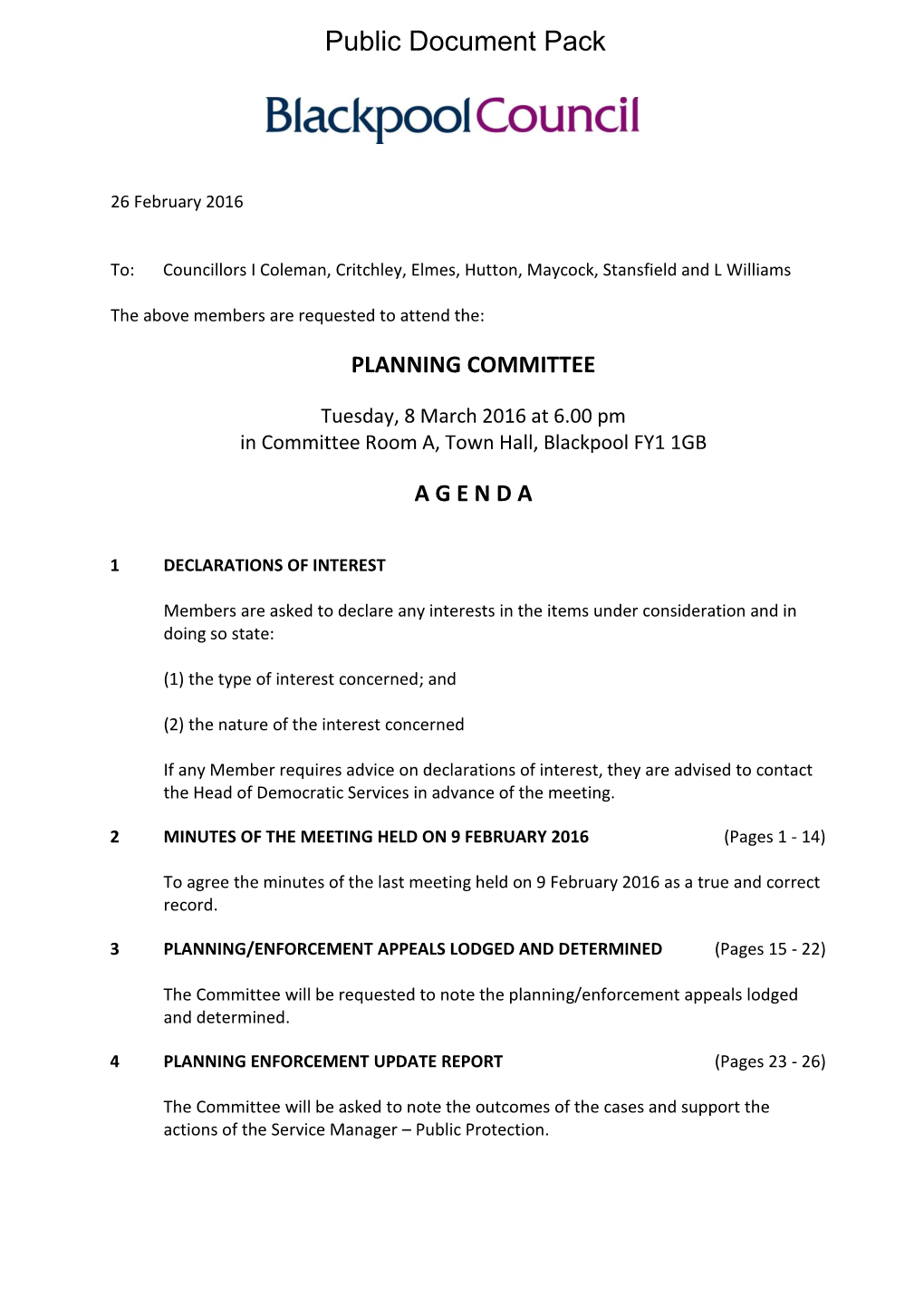 (Public Pack)Agenda Document for Planning Committee, 08/03/2016