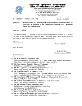 Minutes of the 11Th Meeting of Grid Coordination Committee Held on 29.12.2014 at 10.30Hrs