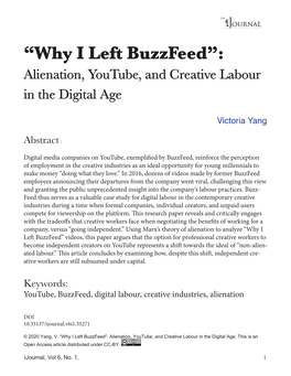“Why I Left Buzzfeed”: Alienation, Youtube, and Creative Labour in the Digital Age