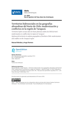 Territorios Hidrosociales En Las Geografías Altoandinas Del Norte De Chile: Modernización Y Conflictos En La Región De Tarapacá