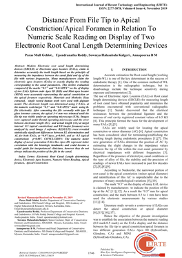 Distance from File Tip to Apical Constriction/Apical Foramen in Relation to Numeric Scale Reading on Display of Two Electronic Root Canal Length Determining Devices