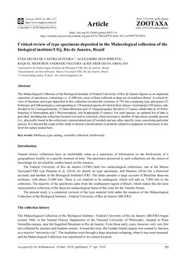 Critical Review of Type Specimens Deposited in the Malacological Collection of the Biological Institute/Ufrj, Rio De Janeiro, Brazil