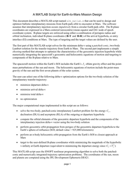 MATLAB Script for Earth-To-Mars Mission Design