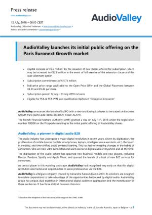 Press Release Audiovalley Launches Its Initial Public Offering on the Paris Euronext Growth Market