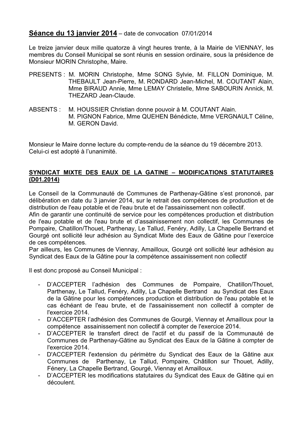 Compte Rendu Conseil Municipal Du 13 Janvier 2014