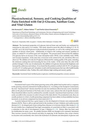 Physicochemical, Sensory, and Cooking Qualities of Pasta Enriched with Oat Β-Glucans, Xanthan Gum, and Vital Gluten