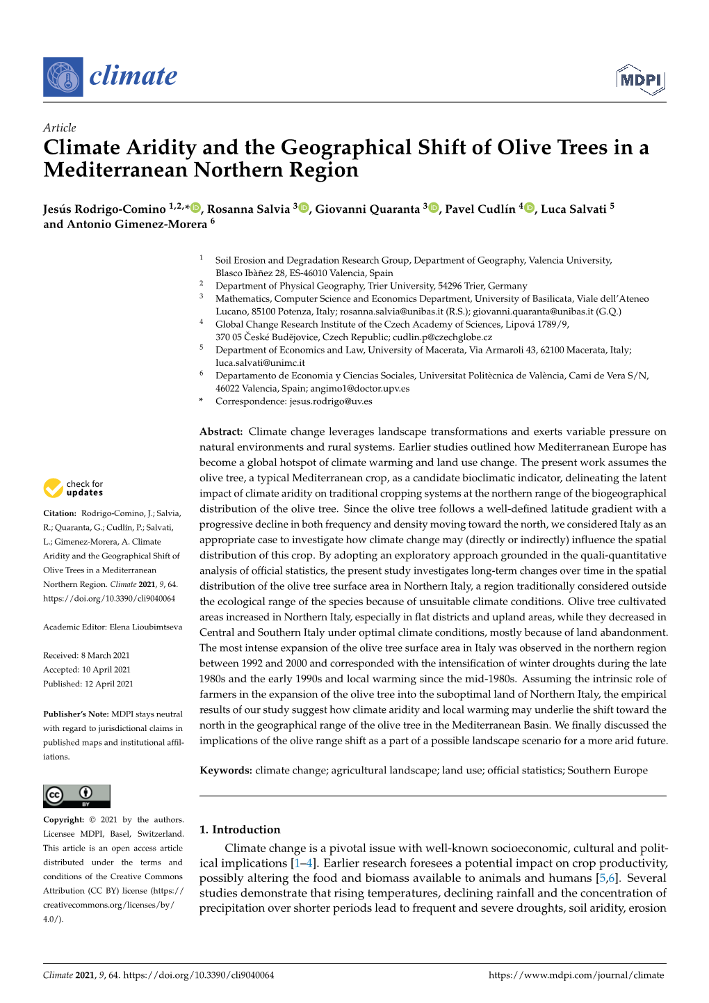 Climate Aridity and the Geographical Shift of Olive Trees in a Mediterranean Northern Region