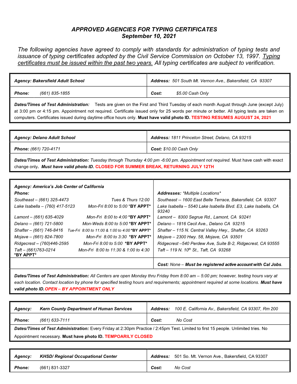 Approved Agencies for Typing Certificates: Kern County Human