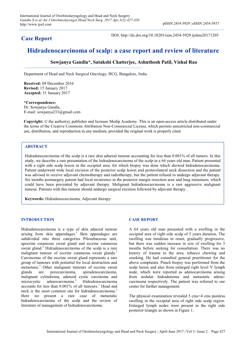 Hidradenocarcinoma of Scalp: a Case Report and Review of Literature