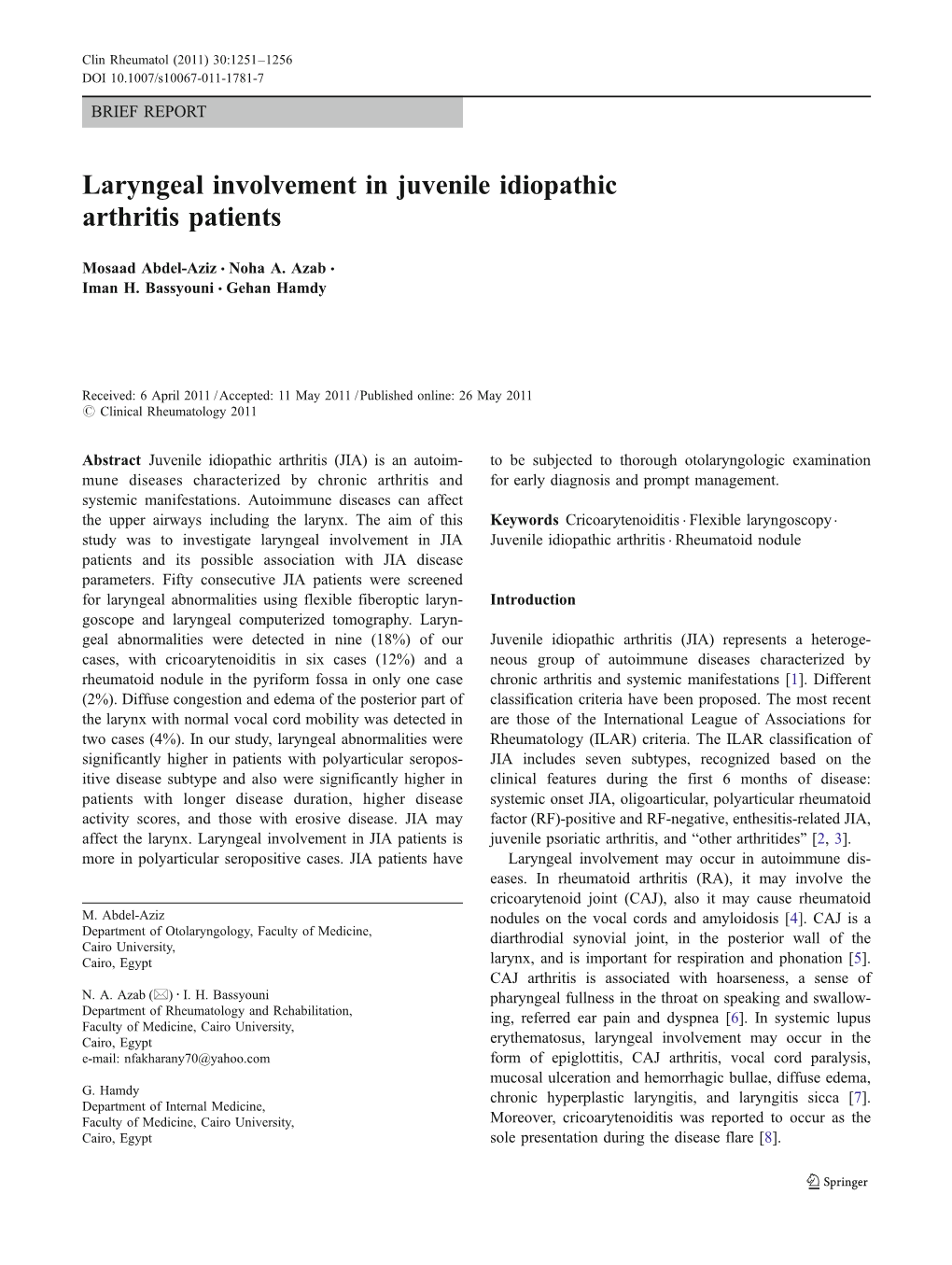 Laryngeal Involvement in Juvenile Idiopathic Arthritis Patients