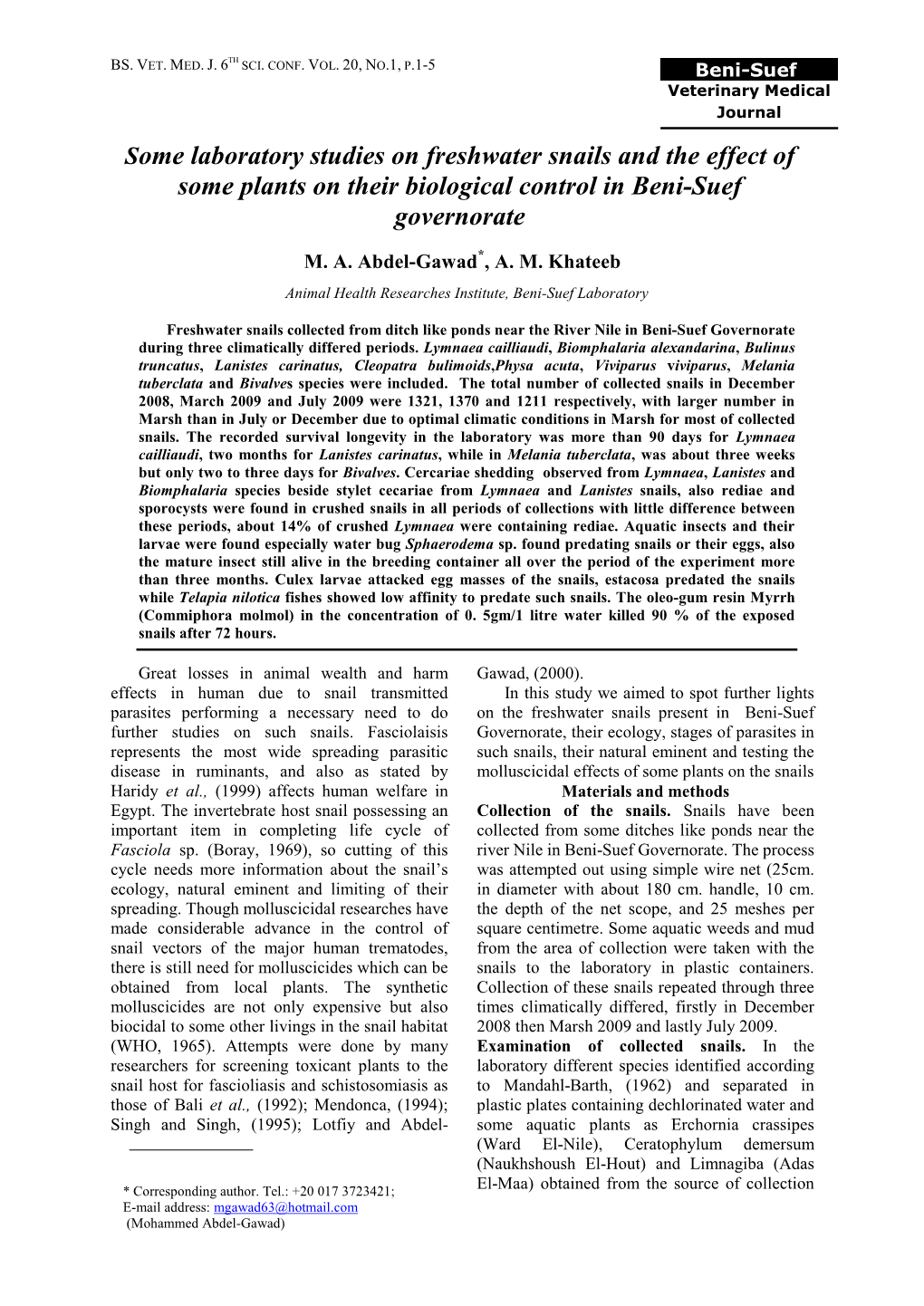 Some Laboratory Studies on Freshwater Snails and the Effect of Some Plants on Their Biological Control in Beni-Suef Governorate