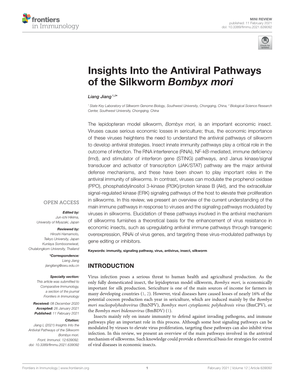 Insights Into the Antiviral Pathways of the Silkworm Bombyx Mori