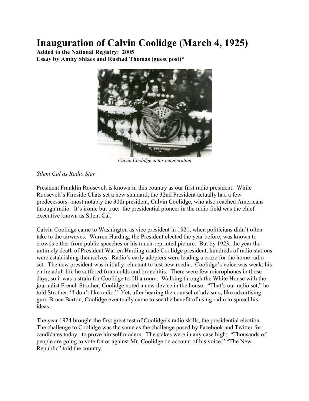 Inauguration of Calvin Coolidge (March 4, 1925) Added to the National Registry: 2005 Essay by Amity Shlaes and Rushad Thomas (Guest Post)*