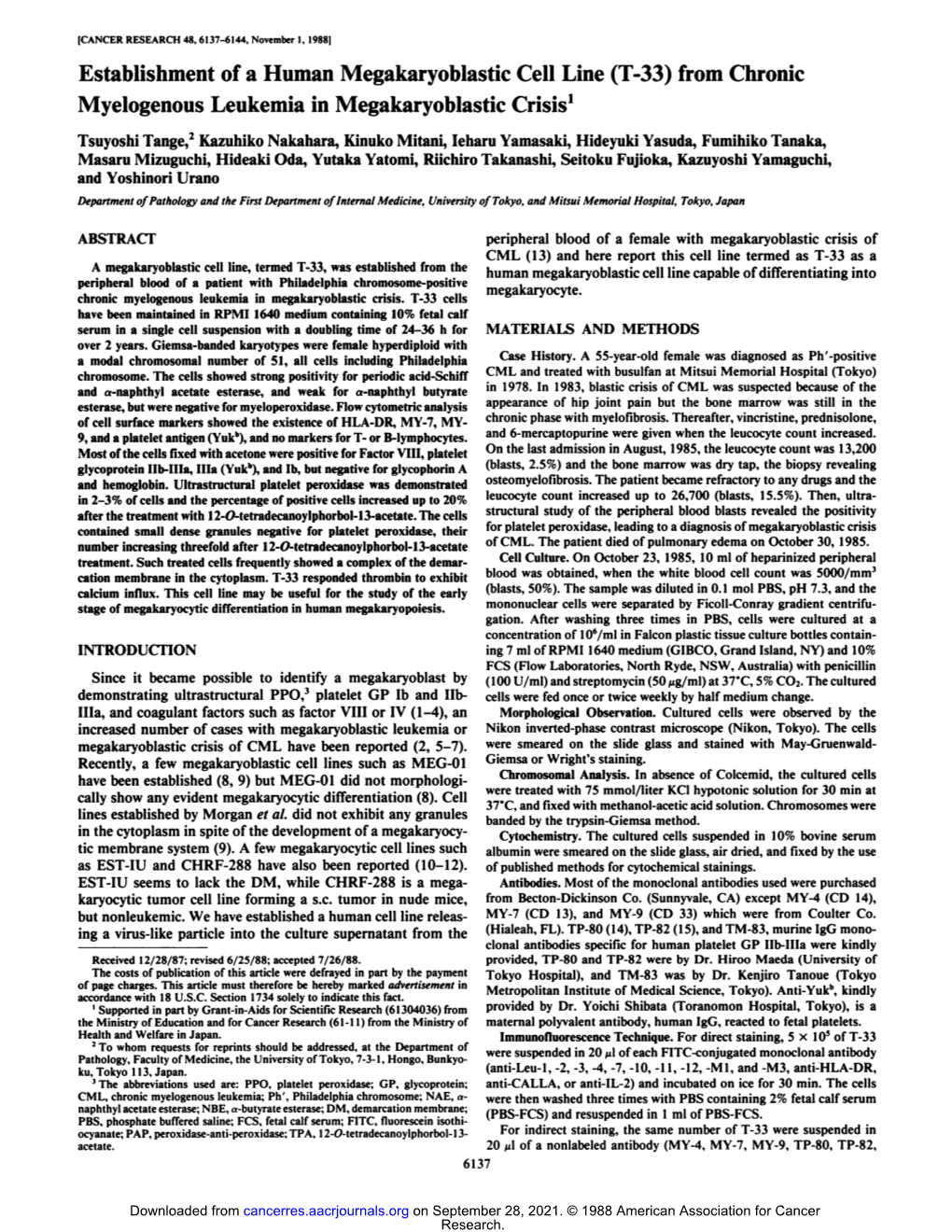 Establishment of a Human Megakaryoblastic Cell Line (T-33) from Chronic Myelogenous Leukemia in Megakaryoblastic Crisis1